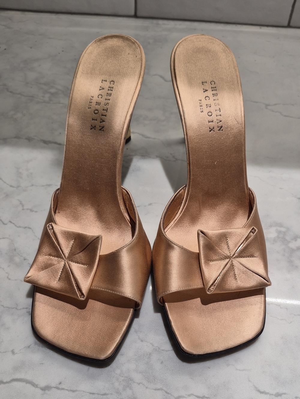 Christian Lacroix Silk Slide Mules with Folded Bow Accent